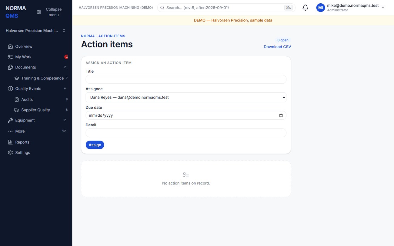 The Action items register. Each ACT row shows its title, assignee, due date and state.
