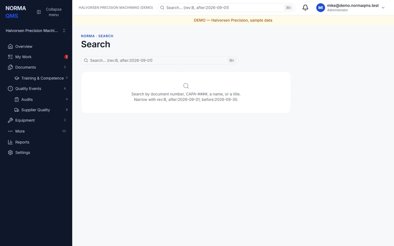 Search results with the active filters shown. Exact references rank first; locked results name the module you would need.