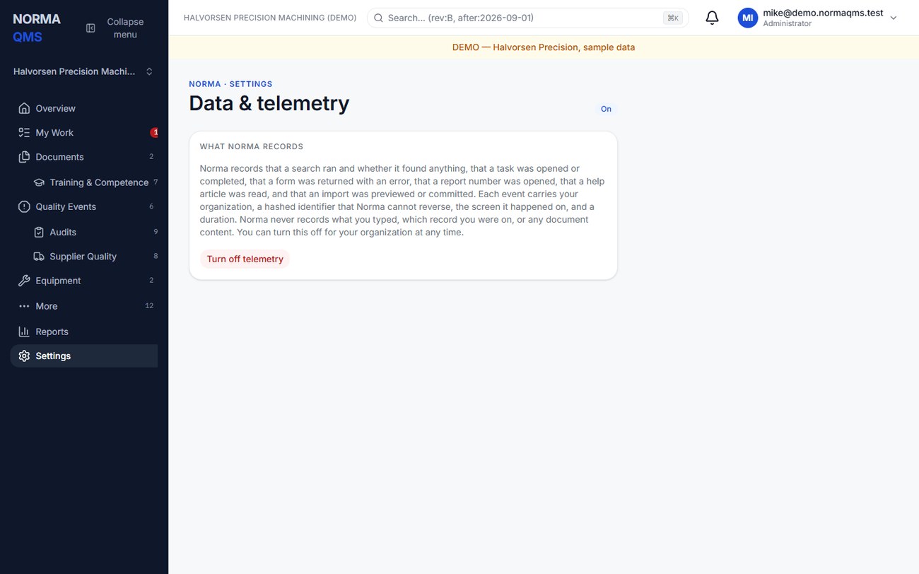 Settings > Data & telemetry: what is collected when it is on, and the switch.