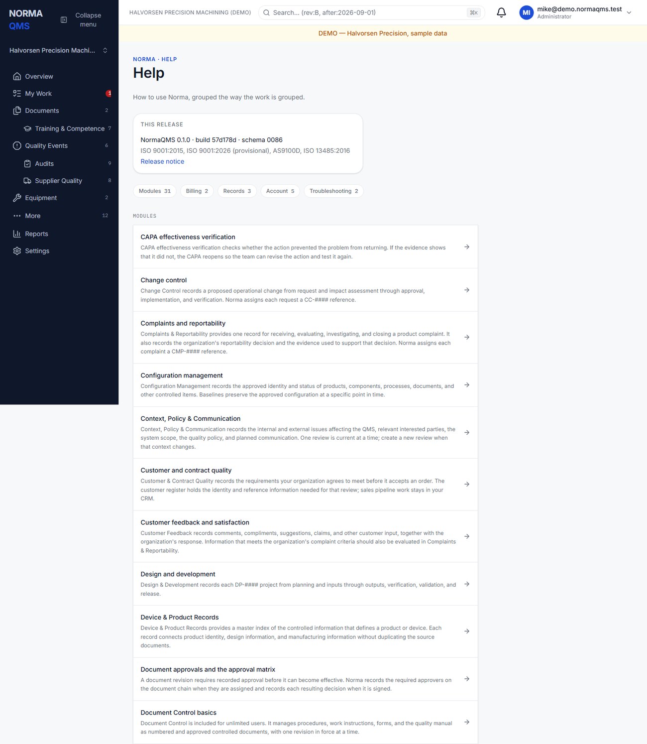 In-app Help: one searchable article per module, plus accounts, billing, signatures, export and troubleshooting.
