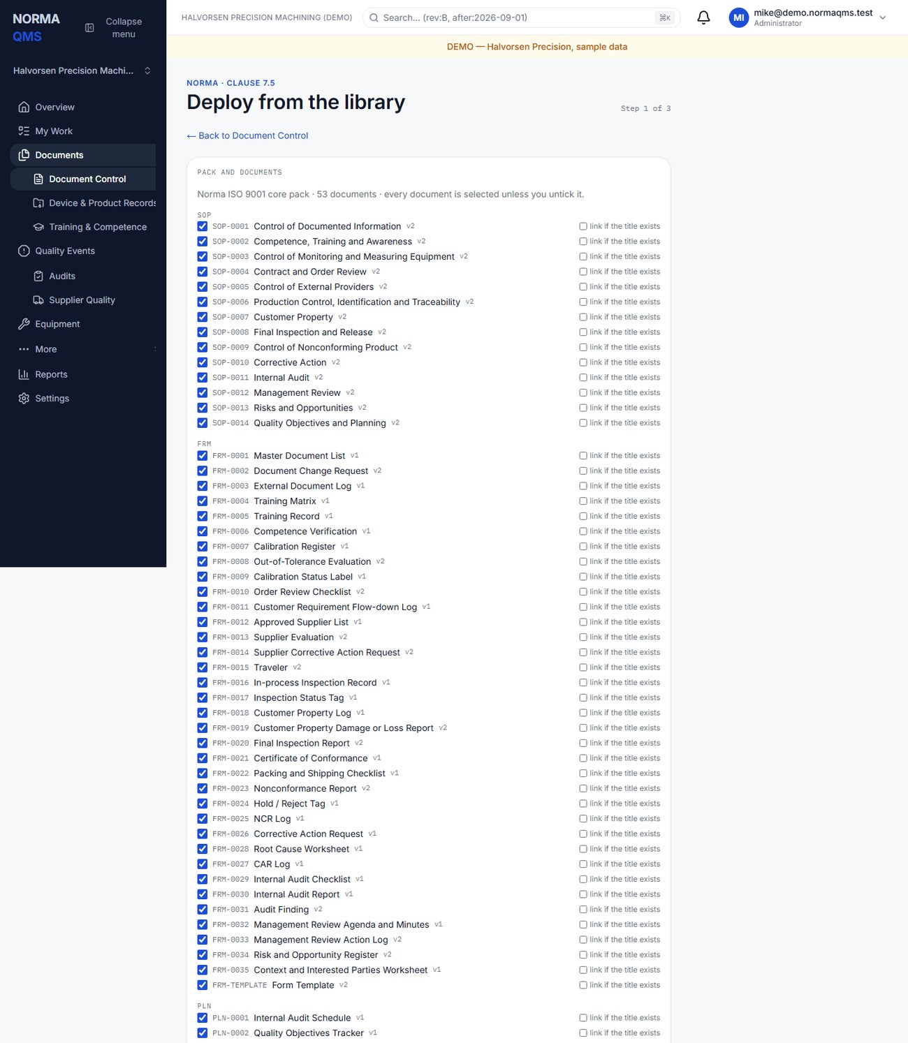 Deploy from the library: choose a pack, pick published assets, answer the variables, then preview before anything is written.