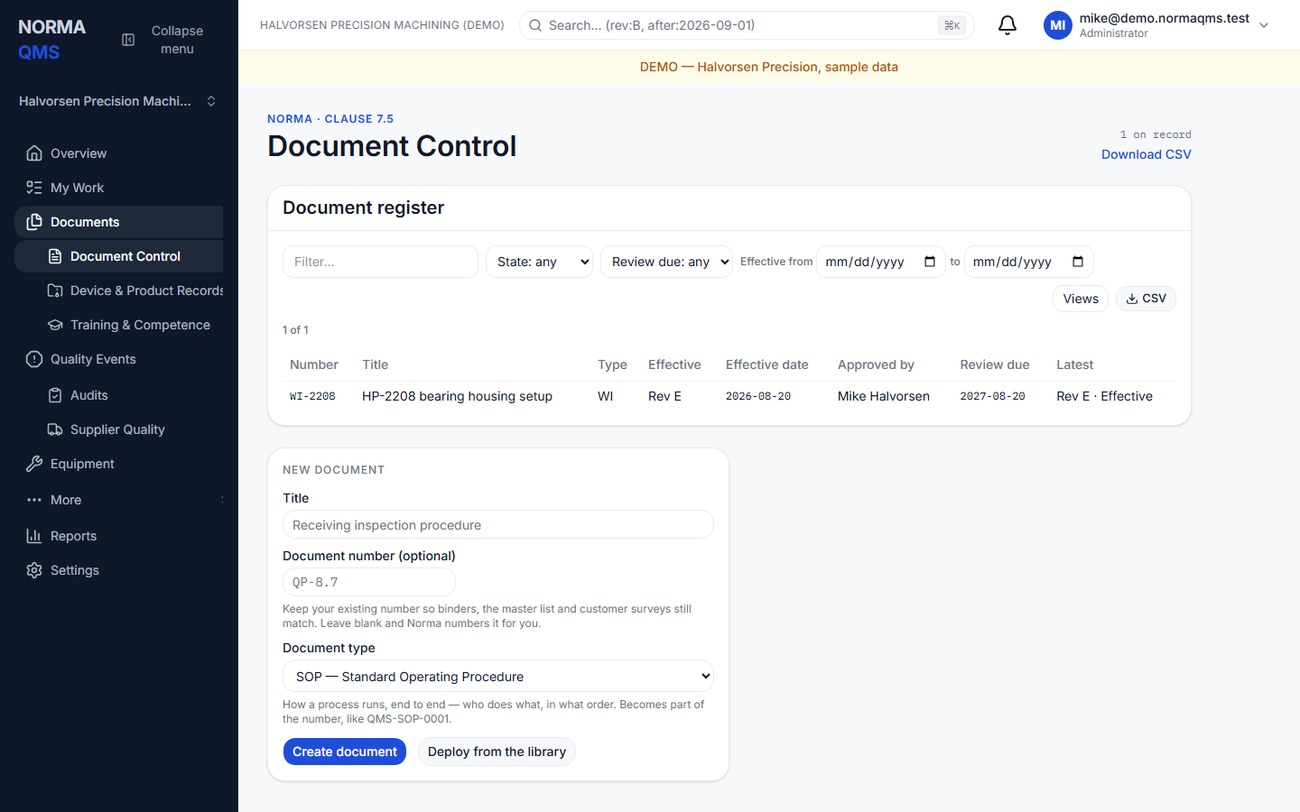 The Document Control register and the New document form. Leave the number blank to let Norma assign it, or keep the number your binders already use.
