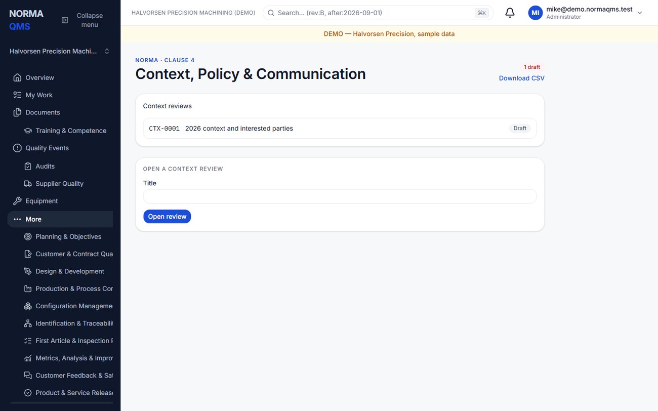 The Context, Policy & Communication register. One review is Current; earlier reviews stay as history.