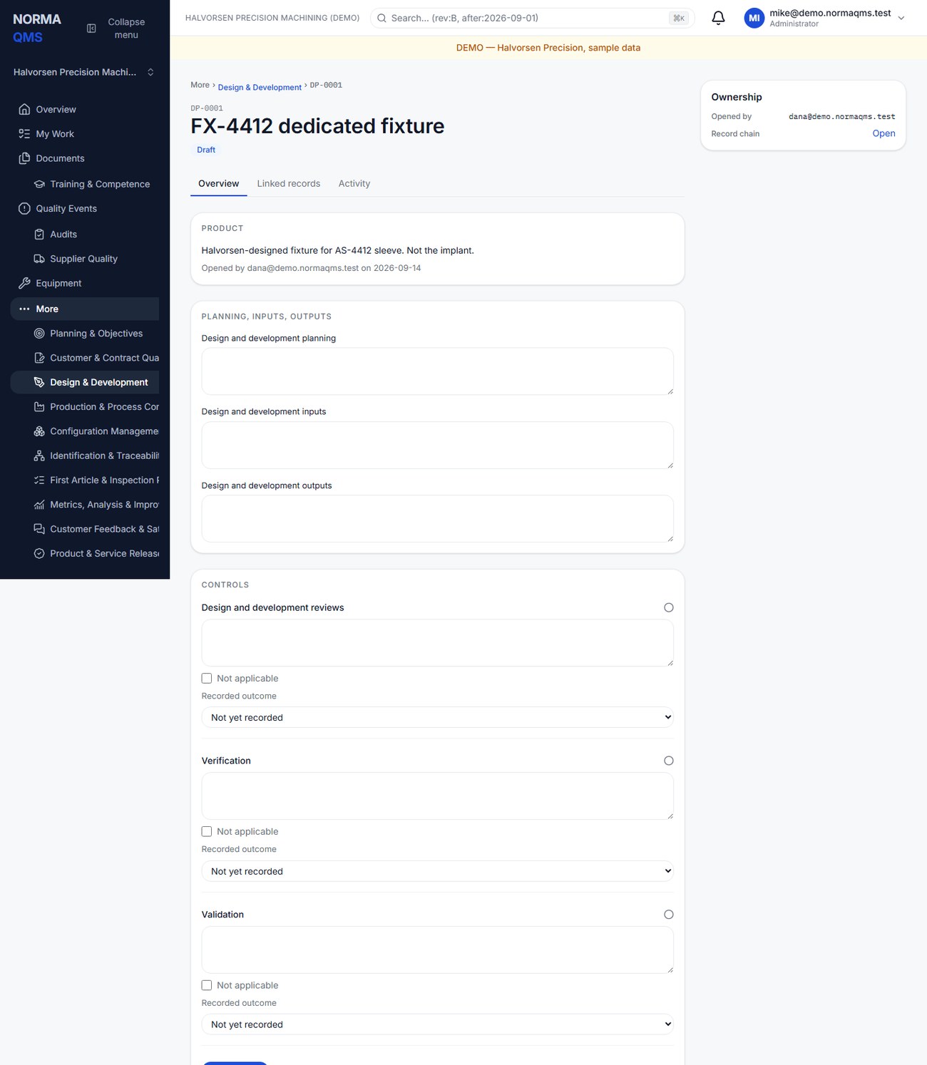A design project: plan, inputs, outputs, and the review, verification and validation controls, each with an explicit Not applicable option.