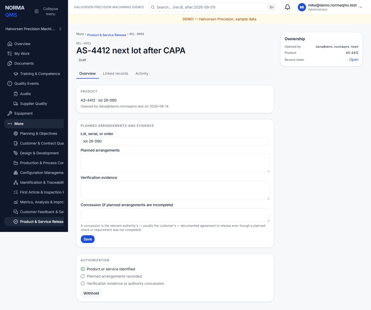 A release record: product identity, planned arrangements, evidence or concession, and the Authorize and Withhold controls.