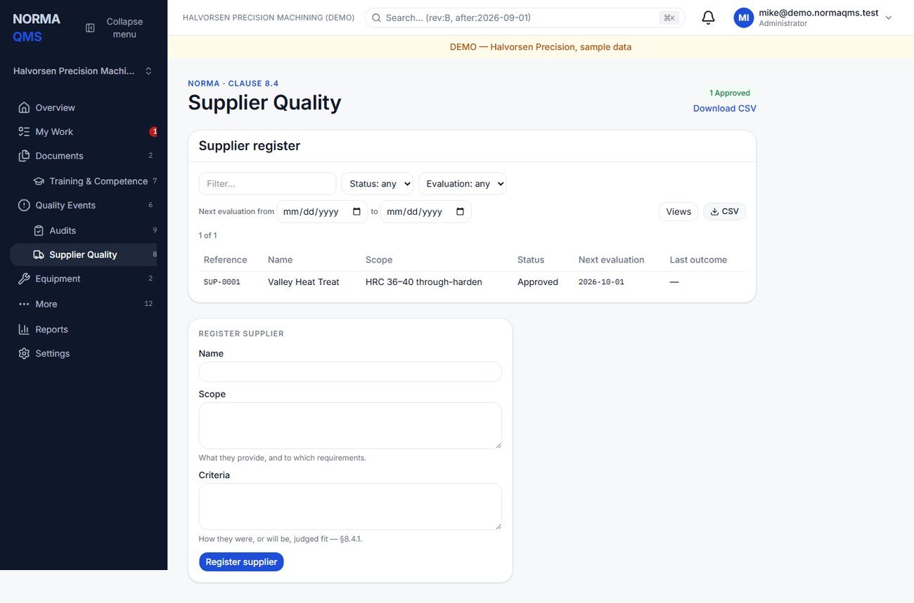 The approved supplier list: status, scope of supply and next evaluation date on each SUP row.