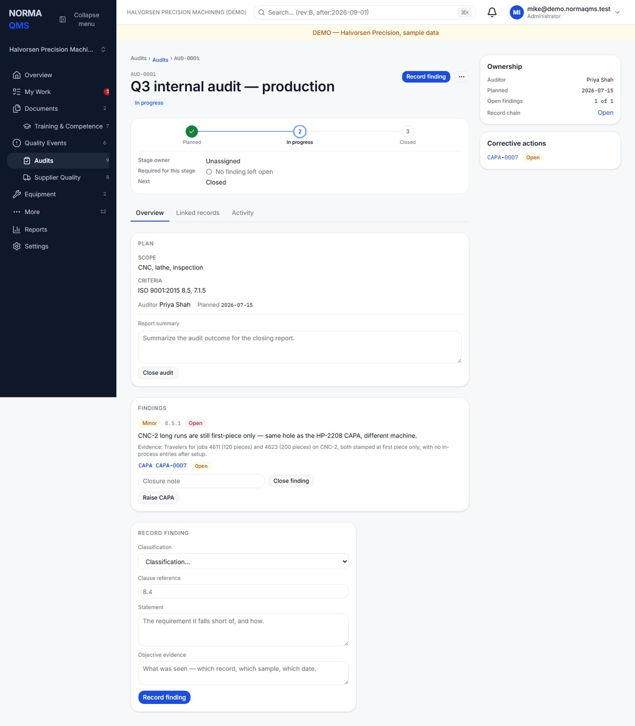 An audit record: scope, criteria, auditor, planned date, the findings list and the closure controls.