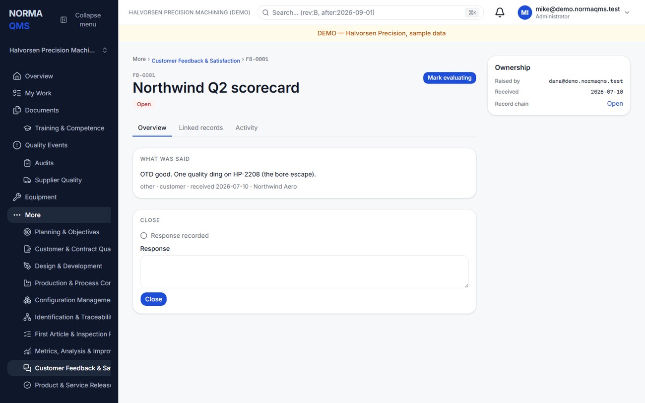 A feedback record: type, source, the customer's words, and the response that closure requires.
