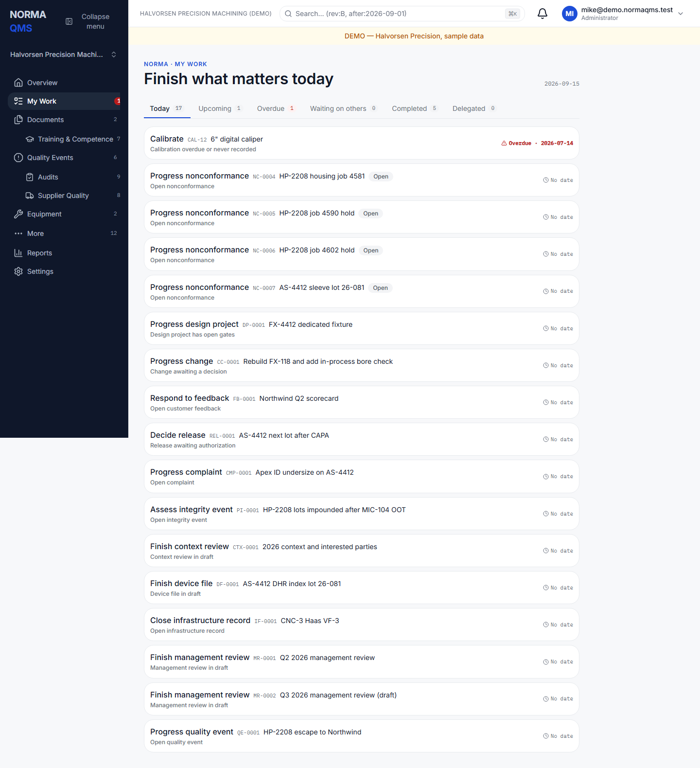 My Work: due calibration, open nonconformances, and quality tasks