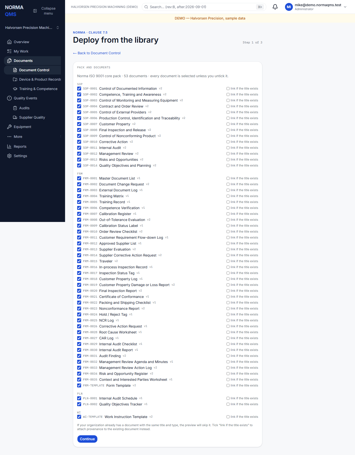 The document library deployment workflow in a Norma sample organization
