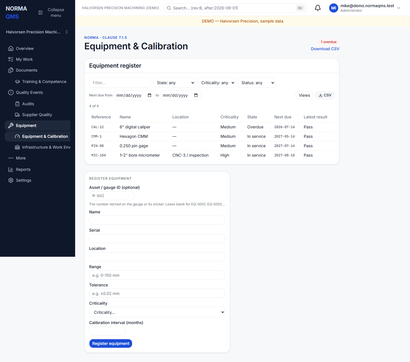 Equipment & Calibration in Norma — fictional sample shop