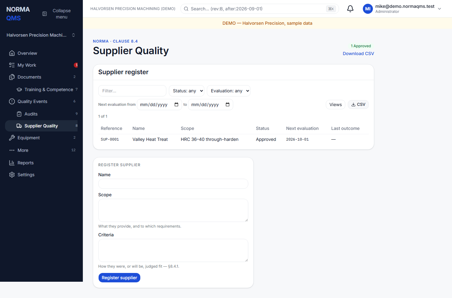Supplier Quality in Norma — fictional sample shop