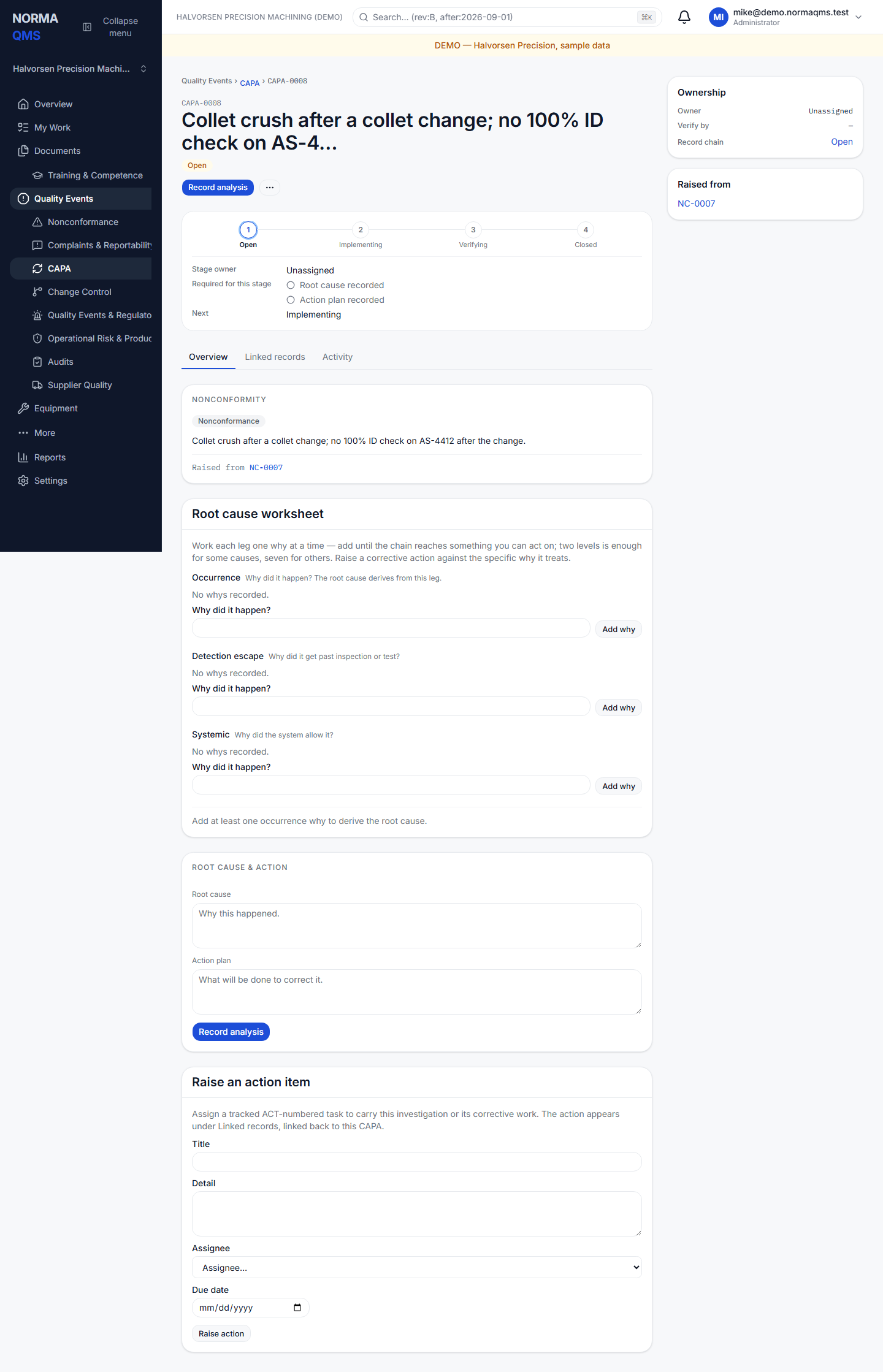 Corrective Action (CAPA) in Norma — fictional sample shop