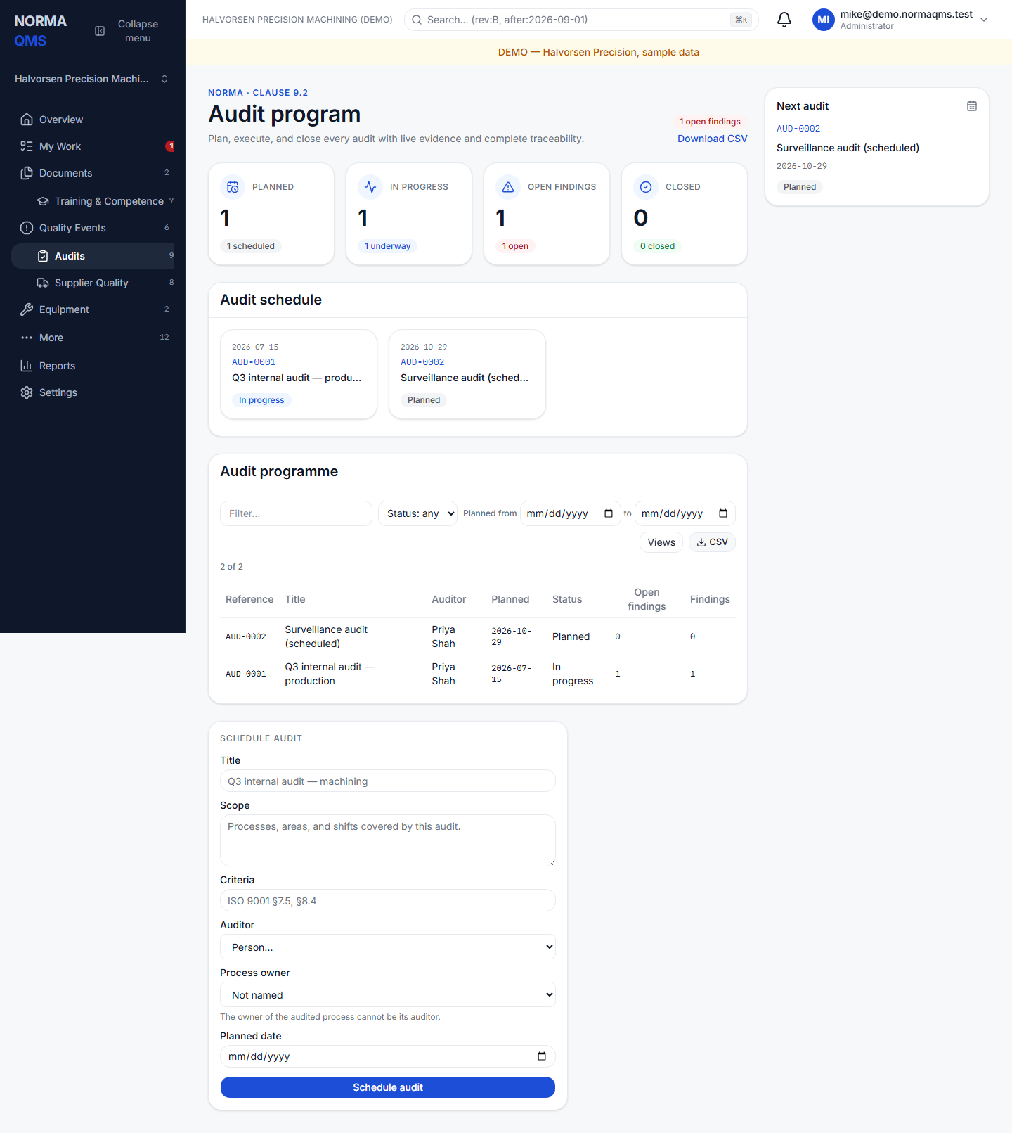 Internal Audits in Norma — fictional sample shop
